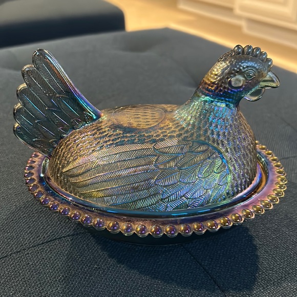Accents Vintage Blue Carnival Glass Hen On Nest Candytrinket Dish